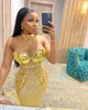 2021 Plus Size Arabic Aso Ebi Gold Luxurious Mermaid Prom Dresses Crystals Beaded Feather Evening Formal Party Second Reception Gowns Dress ZJ744