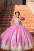 Pretty Pink and Gold Lace Embroidery Flower Girls Dresses Ball Gown Long Sleeves Sequined Bateau Neck Party Prom Kids Little Girl First Communion Dress
