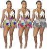 Imprimir borla vintage franja shorts sexy halter corte top dois pedaço conjunto partido clubwear partido clube outfits streetwear x0709