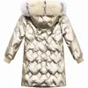 Russland Mode Mädchen Winter Wasserdicht Mantel Fell Kapuze Parkas Kinder Verdickung Warme Helle Daunen Gepolsterte Jacke für 12 Outwear 211027