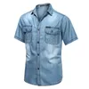 ライトブルーメンズデニムシャツ半袖薄いコットンスリム弾性ジーンズ夏の高品質ポケットシャツ210809