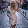 Foridol Floral Print Boho Summer Dress Women Puff Sleeve Vintage Beach Short Dress Button Up Ruched Cute Dress 210415