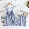 Summer Style Ladies Pajamas Two-piece 100%Cotton Crepe Suspender Shorts Vest Suit Sweet And Loose Home Service Sexy Pjs 210809