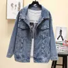 Jocoo Jolee Blue Denim Jackor Höstflickor Print Ripped Holes Jean Coat Koreanska Chic BF Style Loose Denim Coat Retro Overcoat 210619