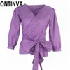 Opruiming Vrouwen Regenboog Gestreepte Blouse Shirts Peplum Tops V-hals Zomer Beachwear Bowties Taille Belt Blusa Purple 3XL 210527