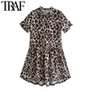 TRAF Mulheres Chique Moda Com Botões Leopardo Impressão Mini Vestido Vintage Manga Curta Padrão Animal Vestidos Femininos Mujer 210415