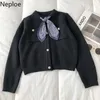 Neploe mulher suéteres Lace Up Manga Longa Malha Cardigan Cardigan Coreano Bolso Solto Single Breasted Breasted Breasted Coat 4H065 210422