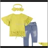 Criança bebê meninas tops camiseta lace buraco denim shorts headband verão crianças conjunto de roupas QH8YE 0HACS