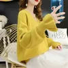 Women Stylish Knitted Cardigan Spring Pure Color V Neck Flare Sleeve Button Casual Ladies Sweaters Tops 210430