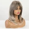 Ombre Cinza Destaque Loira Média Wig Sintética Sintética Cabelo Natural Cosplay Camadas Perucas Com Bangas Laterais Para Mulheres Resistant Factory Dire