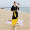 W zomer mode elegante vintage temperament retro contrast kleur stiksels ruches riem jurk vrouwen 16F1278 210510