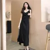 Black Summer Women Long Dress Sexy V-Neck Spaghetti Strap Ruched Spilt Out Midi Female Dresses Vestidos W156 210526