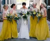A Line Jewel Yellow Bridesmaid Dresses Ivory Lace Top Sweep Train Chiffon Maid of Honor Gowns Boho Wedding Guest Party Dresses