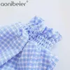 Summer Plaid Cropped Blouse Long Puff Sleeve Ruffles Trim Short Shirt Chic Button Up Knot Front Gingham Female Tops 210604