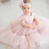 Luxurious Pink Lace Flower Girl Dresses Sheer Neck Crystals Little Communion Pageant Gowns