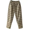 Arrivée été femmes lâche décontracté taille élastique cheville-longueur pantalon tout assorti coton lin Plaid Harem W160 210512