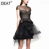 [DEAT] Women Black Round Neck High Waist Short Sleeve Solid Color Hollow Out Loose Sexy Dress Summer Fashion 13C600 210527