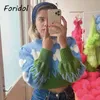 Mohair Vintage Blue Sweater Pullovers Kvinnor Lantern Sleeve Överdimensionerad Beskuren Jumper Short Casual Pull Femme 210427