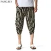 Vertical Striped Men's Harem Capri Cotton Linen Pants Summer Casual Lightweight Elastic Beach Boho 3/4 Short Pants with Pockets X0723