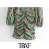 Traf Women Chic Fashion Fashion Floral Print Planowana mini sukienka Vintage Lantern Tleeve Back Zipper Sukienki Vestidos 210415