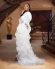 White Mermaid Evening Dresses Plus Size Long Sleeves Side Slit Ruffles Organza Formal Marriage Prom Bridal Gowns Robe de mariee268w