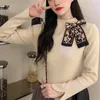 Kimutomo Vintage Knitted Sweater Ladies Korea Chic Half Turtleneck Long Sleeve Tops Female Solid Bow Pullover Spring 210521