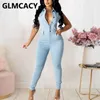 Mouwloze Button Down Skinny Denim Jumpsuit Zomer Chic Jeans Streetwear Overalls 210702