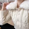 Nomikuma Koreansk Twisted Short Sweater Höst Vinter päls nedbrytning Krage Stickad jacka Kausal Långärmad Knitwear Coat 6d656 210427