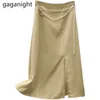 Gagnight Summer Wrap Midi Pencil Skirt Women High Waist Split Faldas With Beading Chain Elegant Ladies Jupes Black Khaki 210519