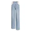 Casual Escavado Calça Jeans Completo Feminino Cintura Feminino Cintura Retalhada Corrente Denim Larga Perna Pant Mulheres Moda Roupas 210521