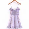Été rétro violet imprimé fleuri robe à bretelles spaghetti Sexy femmes bois oreille volants O cou laçage Mini robes courtes 210429