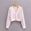 Foridol lavorato a maglia soffici cardigan crop rosa donna manica lunga fuzzy button corto cardigan casual autunno inverno top 210415