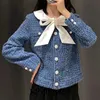 KPYTOMOA Women Fashion With Bow Tied Faux Pearl Buttons Jacket Coat Vintage Long Sleeve Female Outerwear Chic Tops 210914