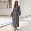 Nadahair Vintage Lantern Sleeve Vacation Boho Dress Long V Neck A-Line High Waist Elegant Retro Floral Maxi Dress Women Vestidos X0521