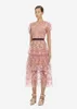 Elegante babados manga curta rosa malha floral bordado longo vestido de festa verão feminino alta qualidade auto retrato vestido y200805242c