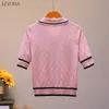 Sommar New Lightweight Stickad T-shirt Kvinnors Fashion Lapel Short-Sleeved Cardigan Pocket Design Rosa Kort Knitwear Toppar Coat X0628