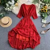 Red White Hollow Out Patchwork Dress Elegant V Neck Retro Women Midi Summer Vintage A Line Beach Vestido 210430