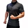 흑인 남성 지퍼 티셔츠 체육관 훈련 훈련 피트니스 보디 빌딩 캐주얼 스포츠 코튼 짧은 소매 남성 탑스 티셔츠