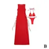 女性用水着エレガントな白い赤い赤3PC/セット女性用ハータービキニスーツ女性スカート水着トライアングルカバーアップO2p7