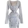 Printemps Bling mousseux diamant plis mince Mini sac hanche Vestidos féminin transparent maille col carré robe C276 210506