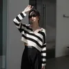 Jxmyy Autumn and Winter Women's Lazy Style Loose and Thin Short Bat Sleeves V Neck Striped Sweater Top Women 210412