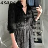 Korean Chic Temperament Chic Single-breasted Heavy Patchwork Three-dimensional Plus Size Black Lapel Tassel Dress with Belt 210610