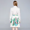 Spring Summer Fall Casual 2 piece Set Women Loose White Shirt Top and High Waist Green Floral Print Pleated Skirts Suits 210416