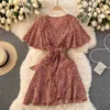 Korean Fashion Retro Spring Summer Floral Print Short Flare Sleeve Ruffled Dress Women Sexy Vestidos R396 210527