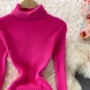 Autumn winter new design women's turtleneck long sleeve knitted pleated high waist maxi long sweater dress solid color