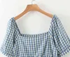 Summer French Vintage Blue Plaid Square Collar Shirt High-Waisted Elastic Sweet Puff Sleeve Crop Top Casual 210508