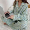 Kvinnors plaid pyjamas set nedbrytning krage sovkläder full ärm toppar + långa byxor 2 stycken kostym mjuka pyjamas nattkläder pjs 211112