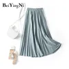 Beiyingni Plised Midi Spódnica Elastyczna Wysoka Talia Sweet Casual Summer Slim Long Preppy Woman S Maxi Black Jupe 210619