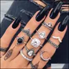 Cluster rings smycken 10 stilar Bohemian Antik Sier Set för kvinnor Retro Hand av Fatima Elephant Flower Ankh Crescent Midi Knuckle Finger R