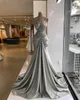 Arabisch ASO EBI Silver Mermaid Avondjurken Spaghetti Straps Plooien Pailletten Kralen Kristallen Formele Partij Prom Jurken Speical Gelegenheid Jurk Vestidos